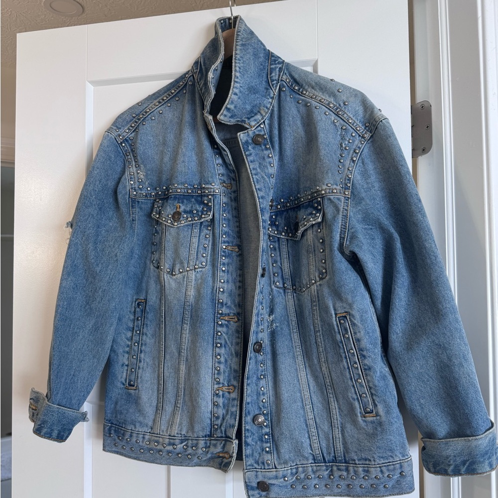Free People Blue Jean Jacket with Studded Details